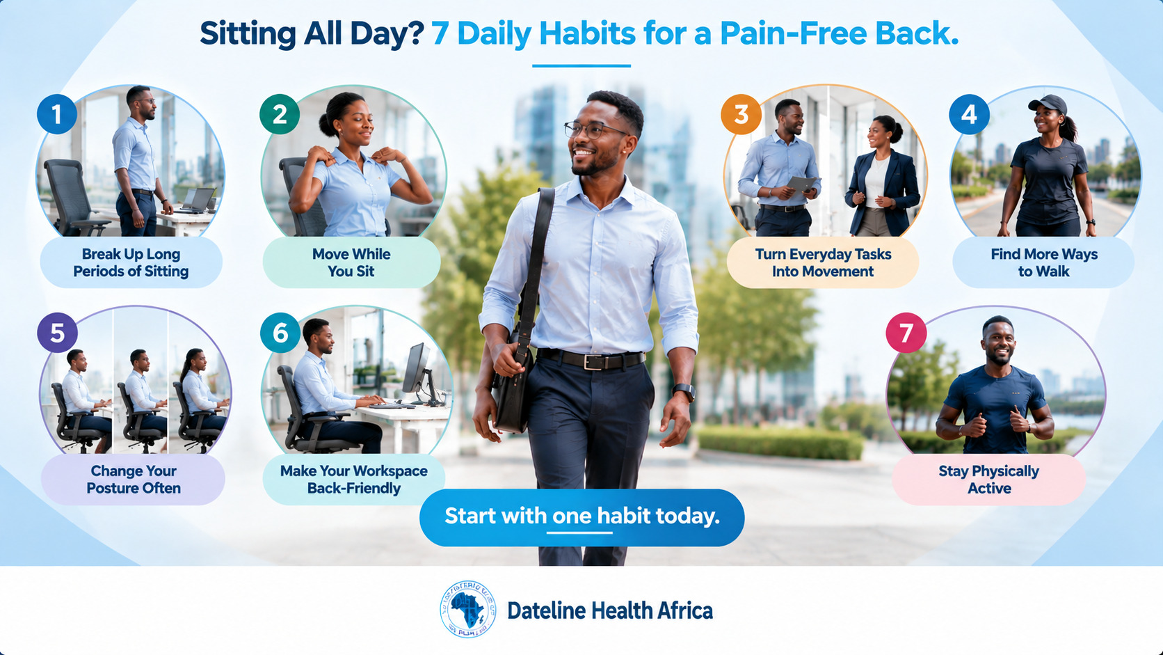 Infographic demonstrating seven daily habits, including movement breaks, walking, posture changes, and physical activity for a healthier pain-free back